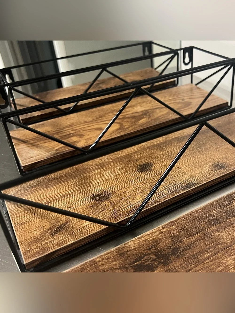 Rustic Brown Wood & Black Metal Wall Shelf Set of 5